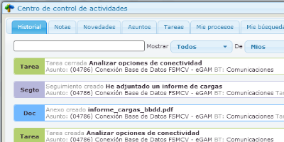 Display of the eGAM platform activities control center in its 'Most recent' tab.